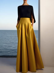 Evening Formal Dress Golden A-Line Crew Neck Satin Maxi Dress