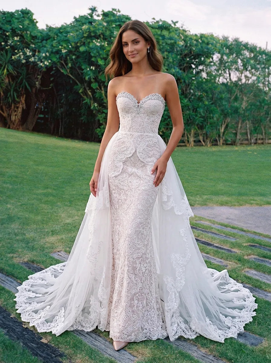Strapless Sweetheart Lace Detachable Overskirt Ivory Wedding Dress