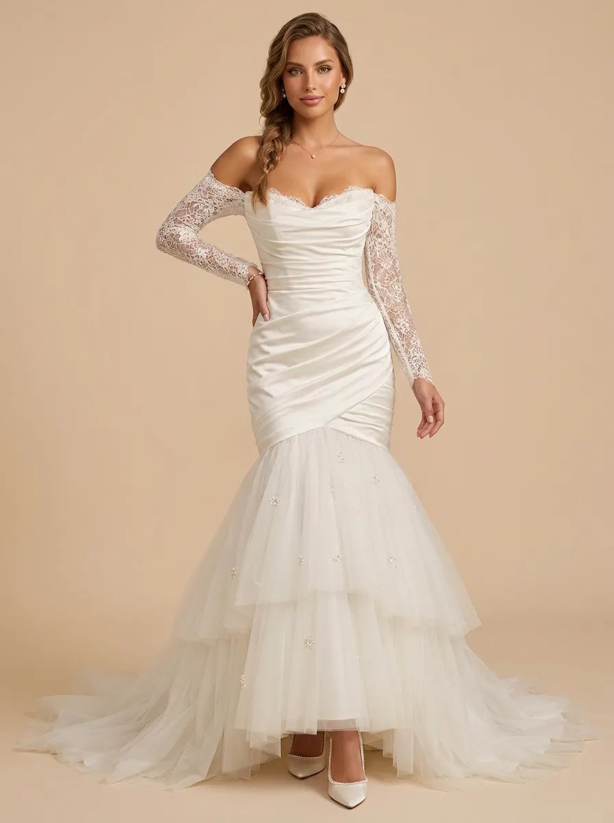 Off-the-Shoulder Satin and Tiered Tulle Mermaid Wedding Dress with Lace Sleeves