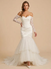Off-the-Shoulder Satin and Tiered Tulle Mermaid Wedding Dress with Lace Sleeves
