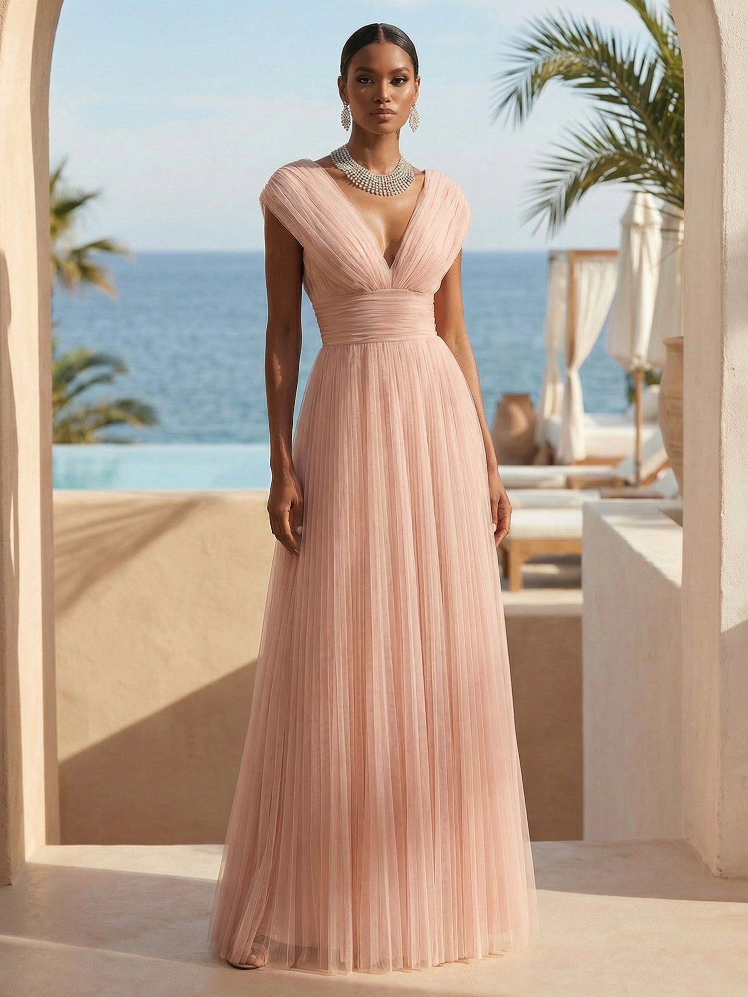 Pink V Neck A Line Regular Straps Tulle Maxi Dresses for Women Backless