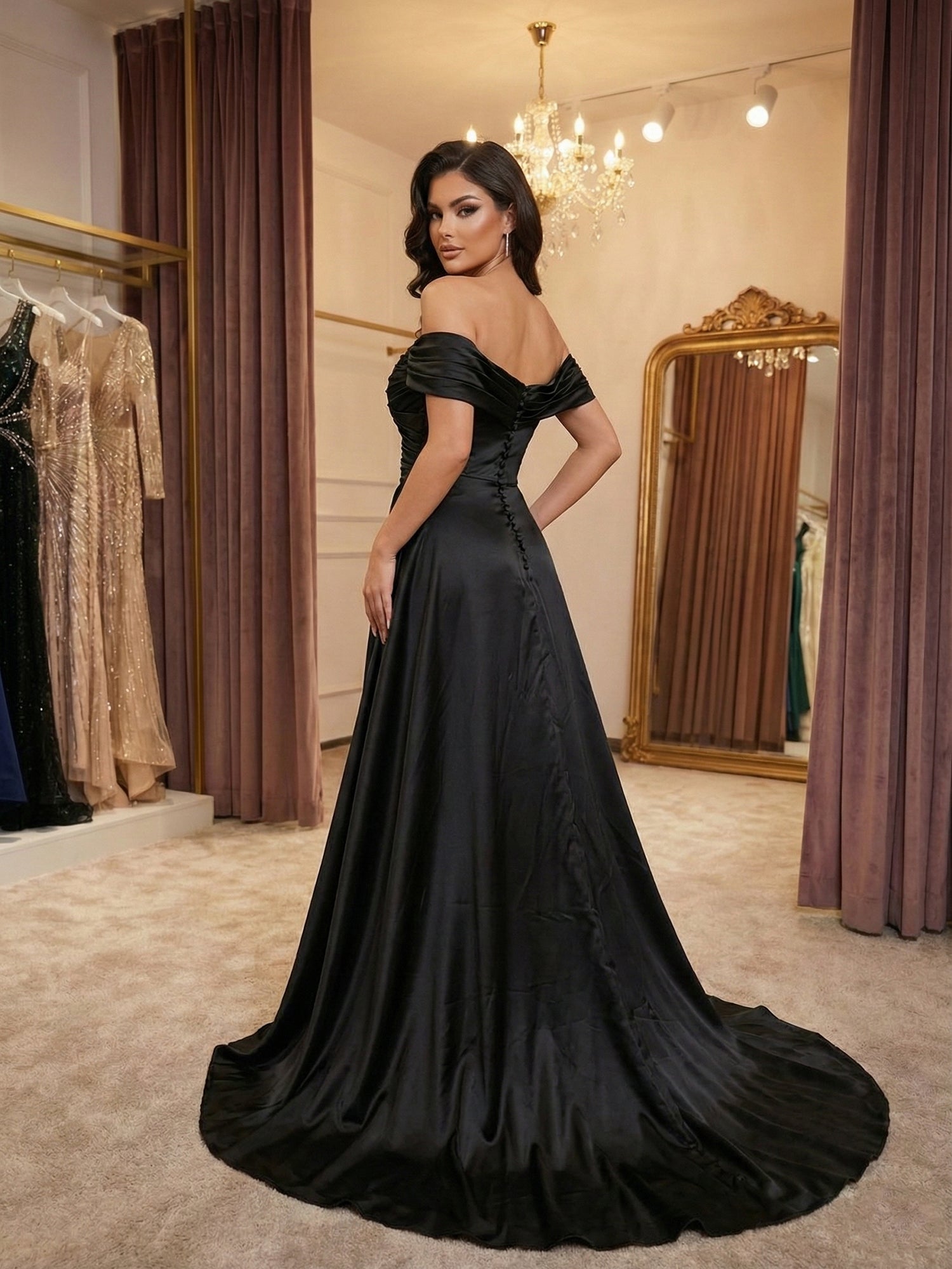 Black Satin Off-the-Shoulder Draped Long Prom Dress