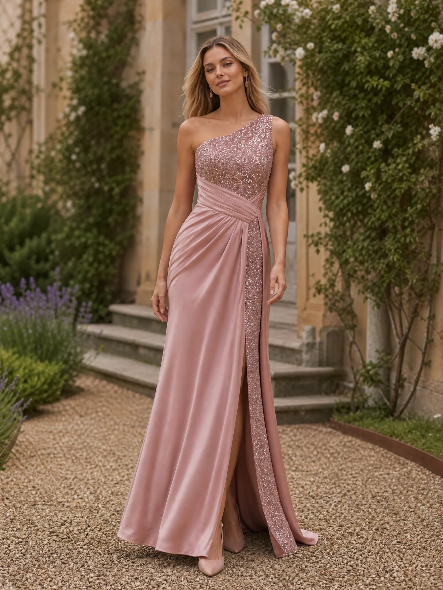 Pink One-Shoulder Sequin Slit Satin Sleeveless Evening Dress
