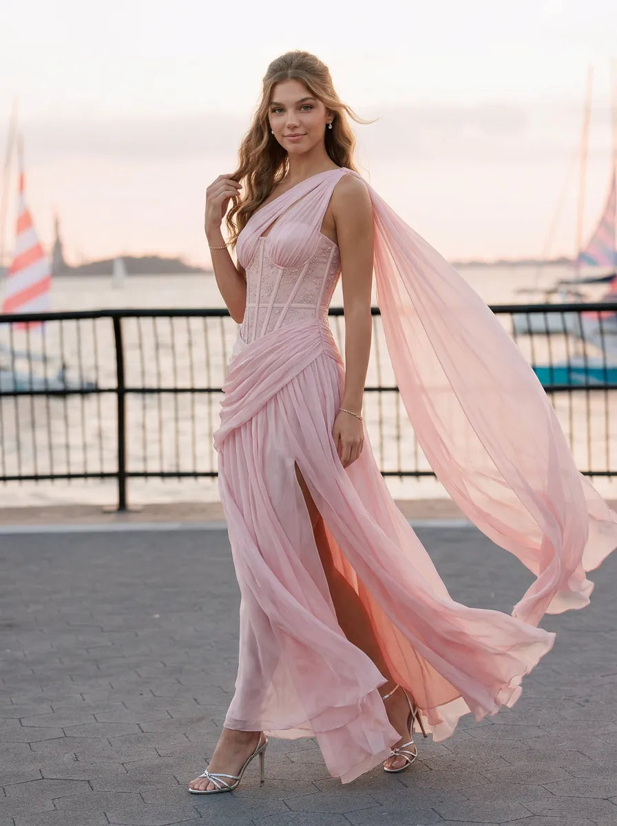 Blush Pink One-Shoulder Corset Evening Dress with Flowing Draped Cape