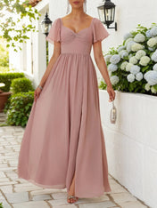 Pink Lace-up Ruched Chiffon Square Neck Gallus Bell Sleeve A-Line Maxi Dress