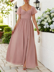 Pink Lace-up Ruched Chiffon Square Neck Gallus Bell Sleeve A-Line Maxi Dress