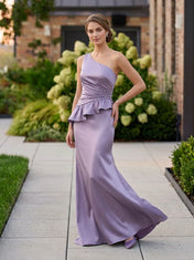 One-Shoulder Beaded Peplum Lavender Satin Evening Dress