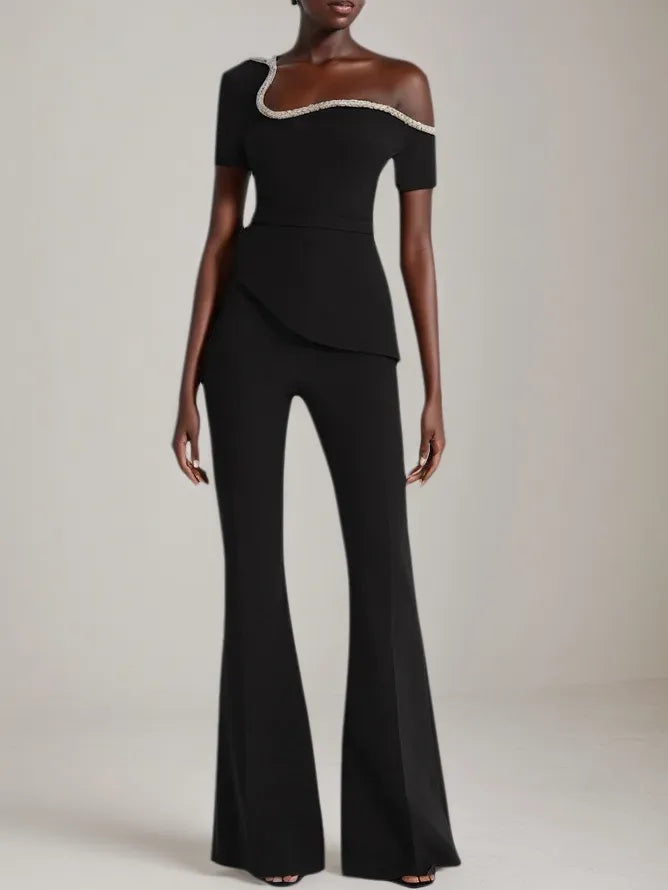 Women Black Asymmetrical Rhinestones Wide-Leg Jumpsuit
