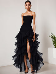 Chic Dark Green Strapless Tulle Tiered Long Formal Dress