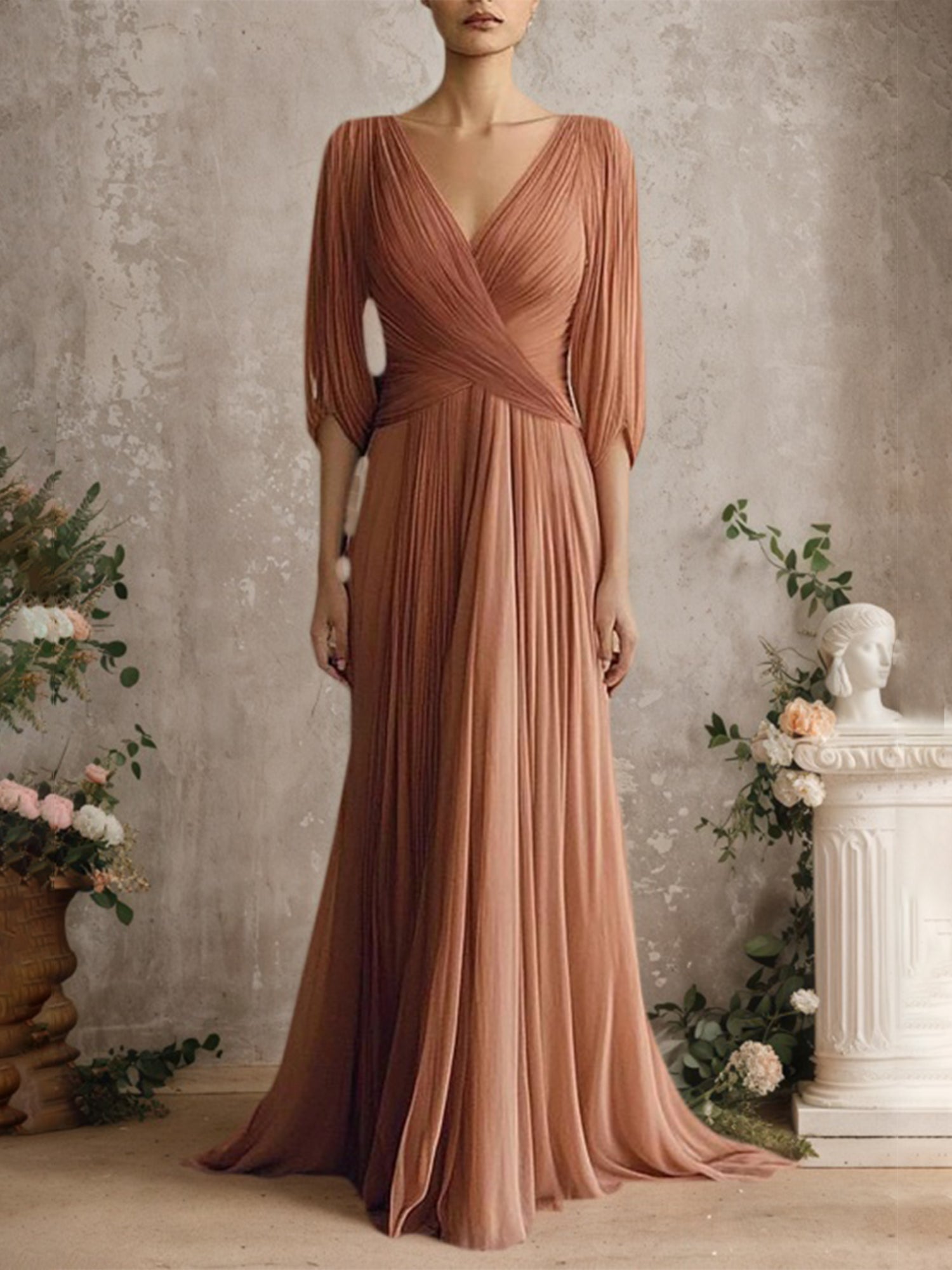Elegant Evening Dress Cross Neck Puff Sleeve Draped Pleated Maxi Dress