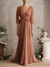 Elegant Evening Dress Cross Neck Puff Sleeve Draped Pleated Maxi Dress