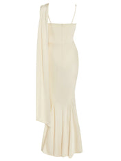 Ivory Satin Asymmetrical Neck Sleeveless Floor Length Dress With 3D Flower