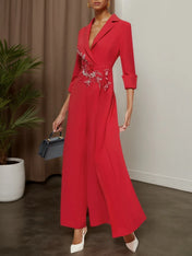 Red Applique Floral Lapel Collar Blazer Wide-Leg Jumpsuit