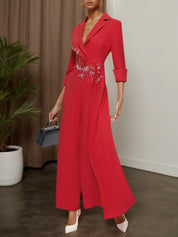 Red Applique Floral Lapel Collar Blazer Wide-Leg Jumpsuit