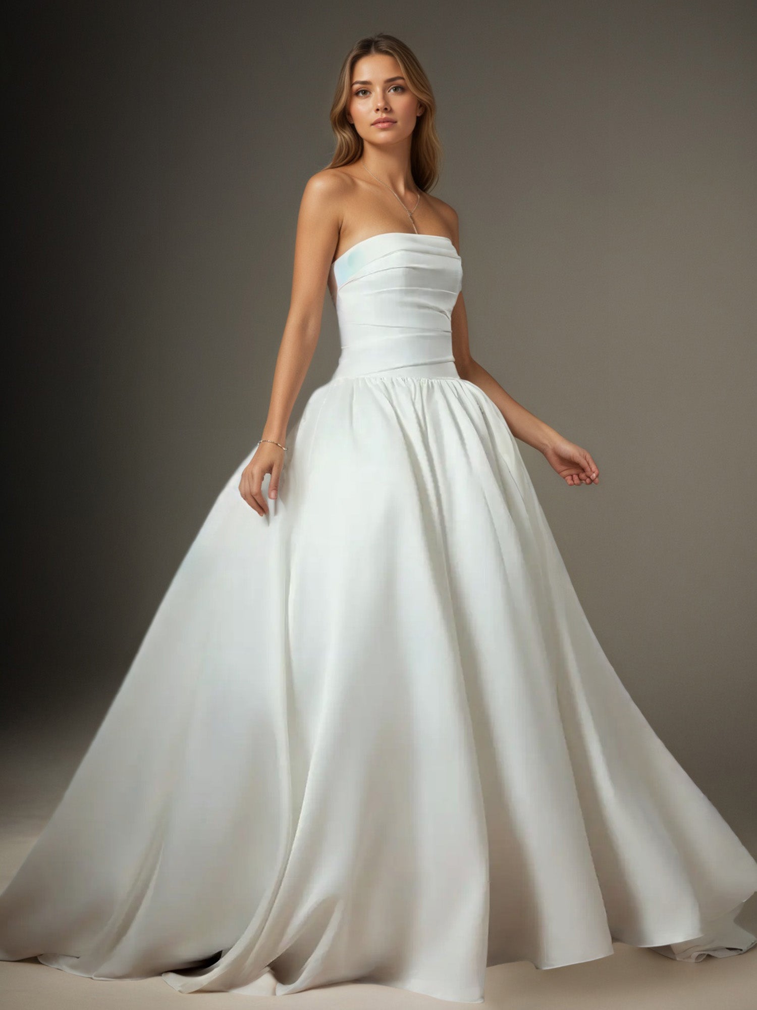 White Ball-Gown Strapless Matte Satin Wedding Dress