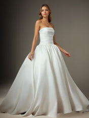 White Ball-Gown Strapless Matte Satin Wedding Dress