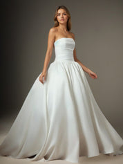 White Ball-Gown Strapless Matte Satin Wedding Dress
