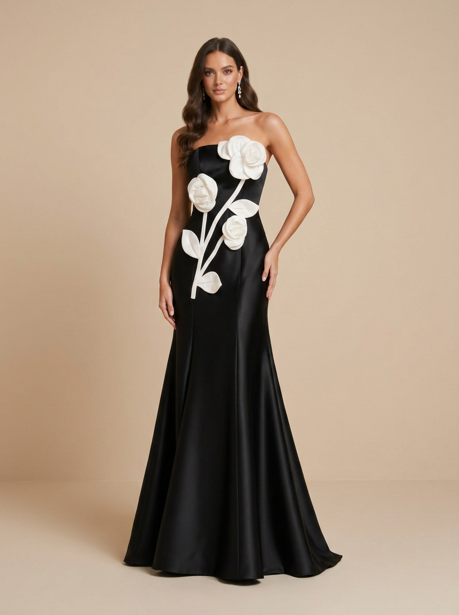 Strapless Satin Trumpet Floor-Length Evening Dresses with Contrast 3D Flowers