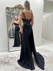 Black Mermaid Corset Side Cape Long Prom Dress with Slit