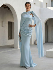 Light Blue Spaghetti Straps Mermaid Chiffon Evening Dress with Cape