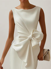 White Stretch Crepe Round Neck Sleeveless Knee Length Dress With Bow