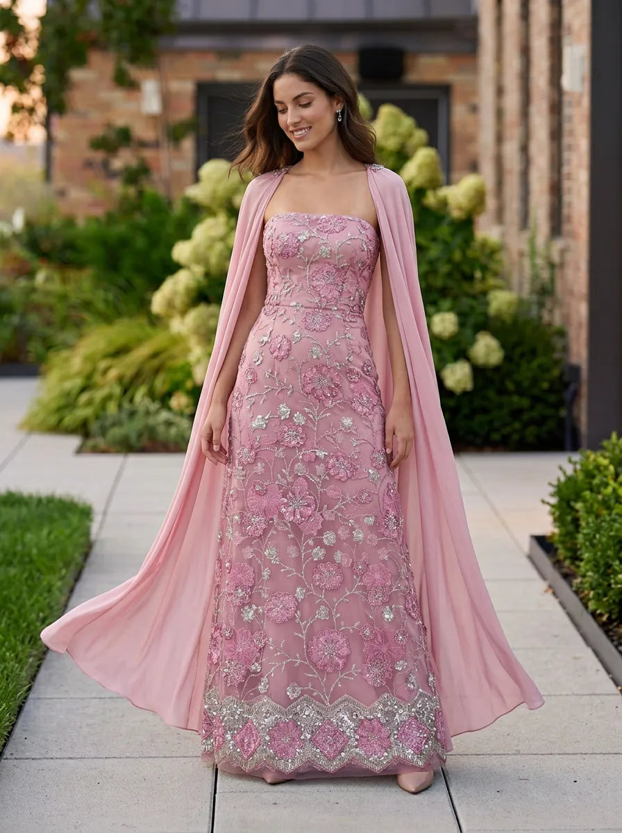 Strapless Embroidered Floral Capelet Pink Column Evening Dress
