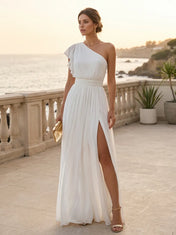 Elegant One-Shoulder Chiffon A-Line Evening Dress with Ruffle Detail and High Slit