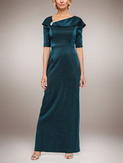 Long Shimmer Column Dress with Foldover Cuff L-Neckline and Elbow Sleeves