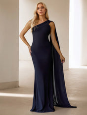 One-Shoulder Cape Detail Chiffon Mermaid Maxi Gown Formal Evening Dress