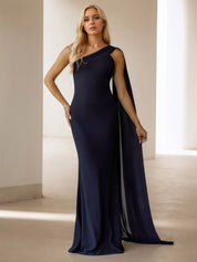 One-Shoulder Cape Detail Chiffon Mermaid Maxi Gown Formal Evening Dress