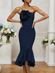 Dark Blue 3D Floral Strapless Mermaid Midi Dress