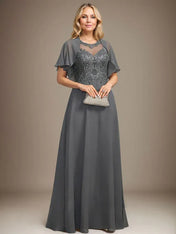 A-line Scoop Illusion Floor-Length Lace Chiffon Mother of the Bride Dress With Sequins