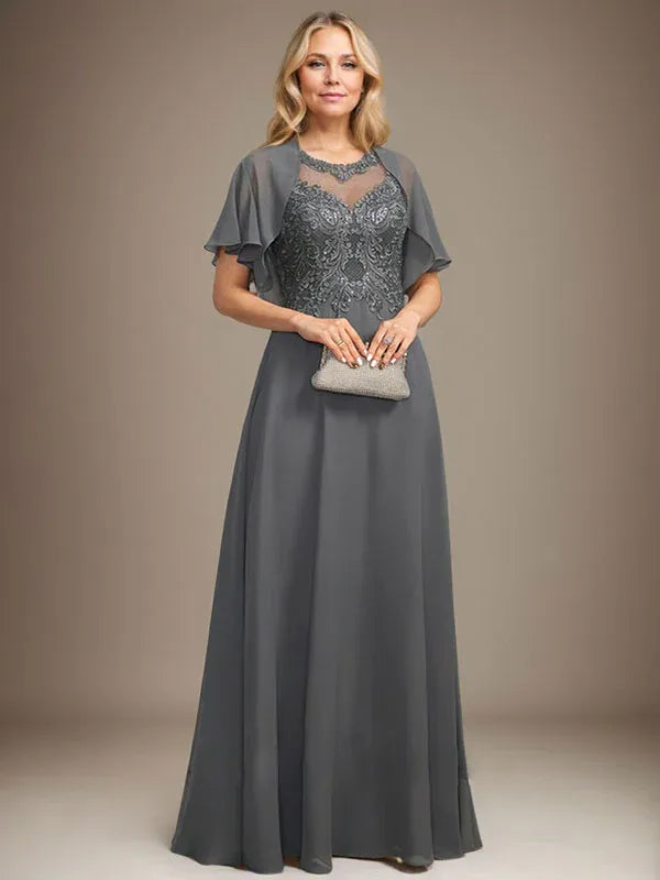 Robe de mère de la mariée trapèze en mousseline de soie et dentelle, longueur au sol, avec décolleté en V et paillettes 
