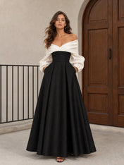 Off-the-Shoulder Two-Tone Long Sleeve Evening Dress