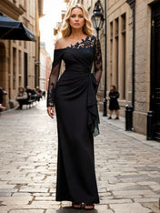 Sheath One Shoulder Long Mother of the Bride Dress with Lace Appliques