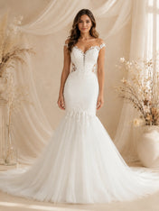 Elegant Off-The-Shoulder Mermaid White Lace Wedding Dress with Chapel Train