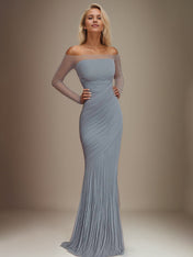 Evening Prom Gown Off Shoulder Glitter Pleated Light Blue Maxi Dress