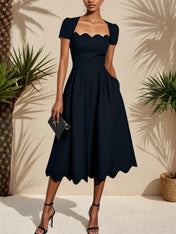 Black Irregular Craftsmanship Classic Square Neck Short Sleeve A-Line Midi Dress