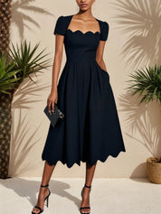 Black Irregular Craftsmanship Classic Square Neck Short Sleeve A-Line Midi Dress