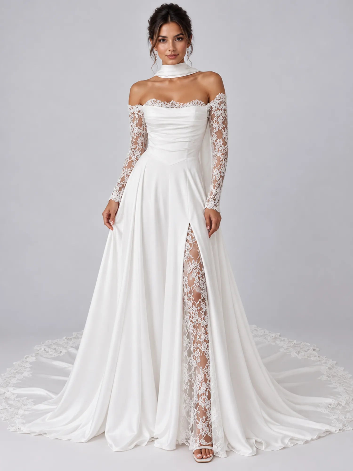 Elegant White Off-the-Shoulder Lace-Trimmed Slit Wedding Dress