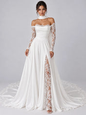 Elegant White Off-the-Shoulder Lace-Trimmed Slit Wedding Dress