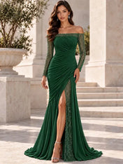 Off-the-Shoulder Beaded Sheer Sleeve Draped Mermaid Gown with High Slit