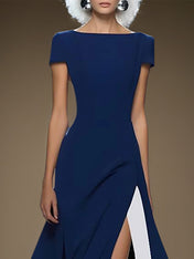 Royal Blue Stretch Crepe Round Neck Short Sleeves Dress With High Slit