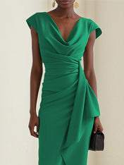 Green Stretch Crepe Cowl Neck Short Sleeves Asymmetrical Length Dress With Ruffled