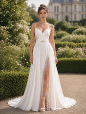 Ivory Spaghetti Strap Crossover A-Line Wedding Dress with Lace Slit