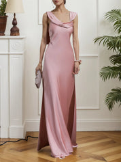 Pink Ruched Satin Sleeveless A-line Gown Dress
