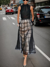 Black Mesh Plaid Classic Mock Neck Sleeveless A-Line Midi Dress