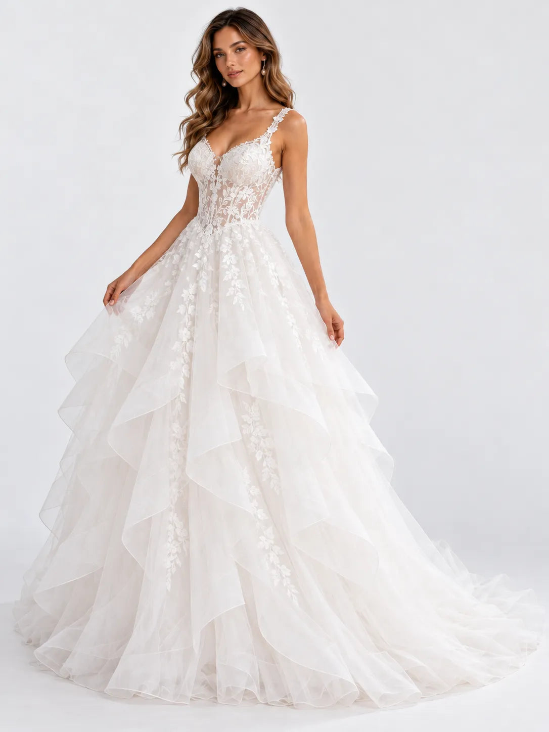 Sleeveless Tiered Organza A-Line Wedding Dress with Illusion Corset Bodice and Cathedral Train