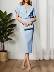 Light Blue Classic V Neck Short Sleeve Dolman Sleeve Sheath Midi Dress