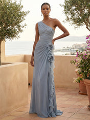 One Shoulder Pleat Mermaid A Line Ruffle Evening Dresses